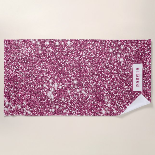 Faux Pink Glitter Texture Look With Custom Name Beach Towel (Front)
