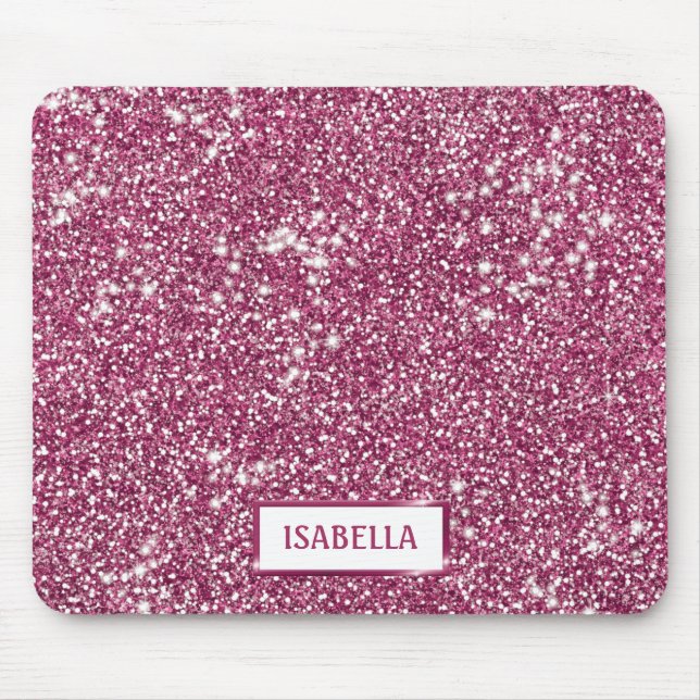 Faux Pink Glitter Texture Look With Custom Name Mouse Mat (Front)