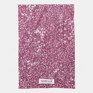 Faux Pink Glitter Texture Look With Custom Name Tea Towel