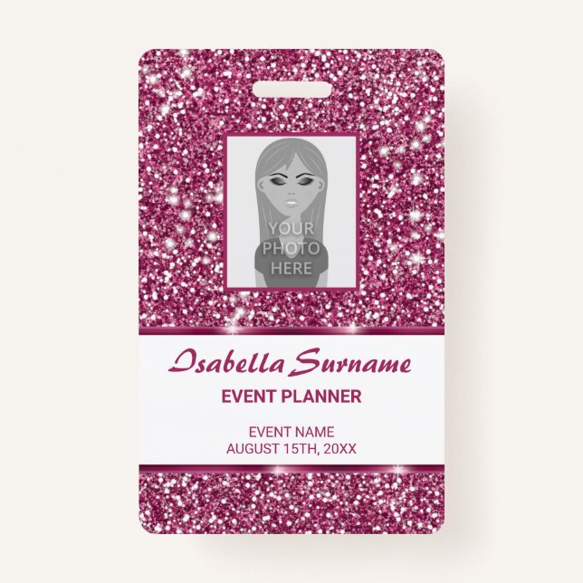 Faux Pink Glitter Texture Look With Custom Text ID Badge (Front)