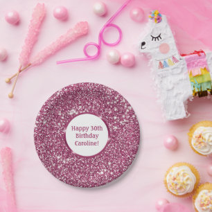 Faux Pink Glitter Texture Look With Custom Text Paper Plate