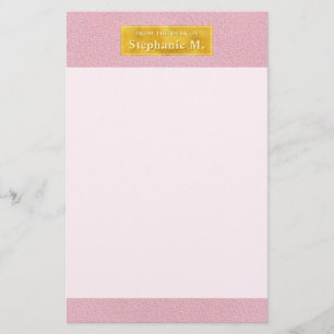 Faux Pink Leather Texture With Gold Foil Banner Stationery