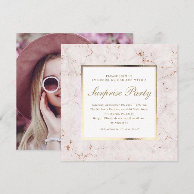 Faux Pink Marble with Photo Surprise Party Invitation (Front/Back)