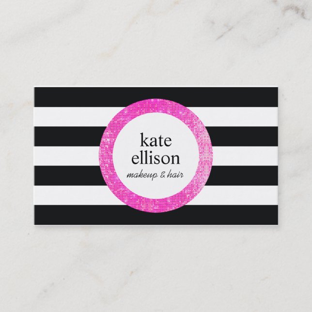 Faux Pink Sequin Black and White Striped Beauty Business Card (Front)