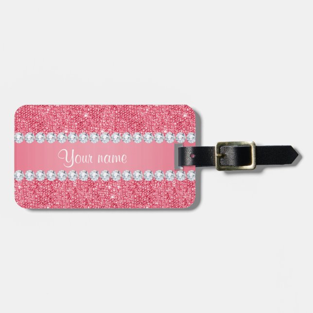 Faux Pink Sequins and Diamonds Luggage Tag (Front Horizontal)