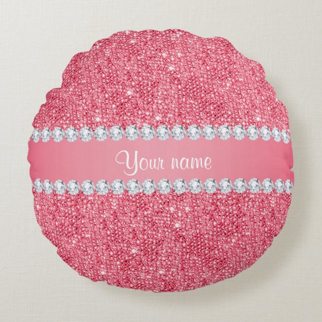 Faux Pink Sequins and Diamonds Round Cushion (Front)