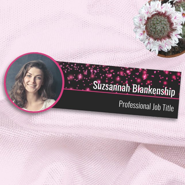  Faux Pink Sparkles Professional Business Photo  Name Tag (Creator Uploaded)
