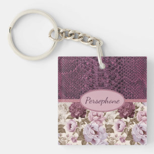 Faux plum snakeskin floral key ring
