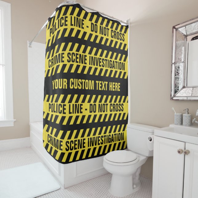 Faux Police Line custom text shower curtain (In Situ)