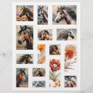 Faux Postage Stamps w/ Mustang Horses Fall Florals
