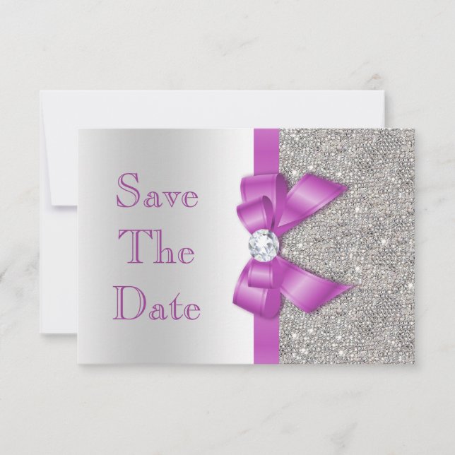 Faux Purple Bow Diamonds Save The Date Baby Shower (Front)