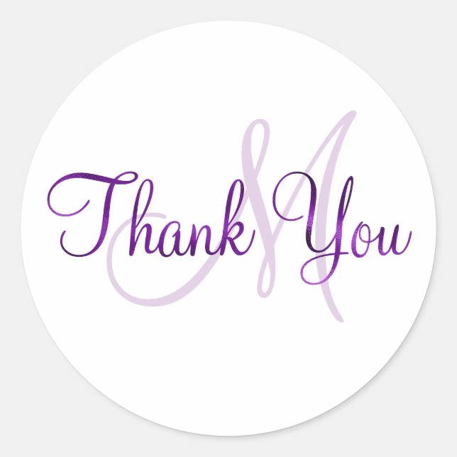 Faux Purple Foil Thank You Monogram Classic Round Sticker (Front)