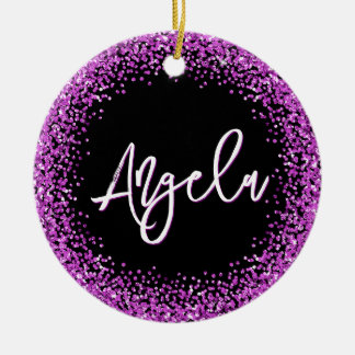 Faux Purple Glitter Black Photo Ceramic Tree Decoration