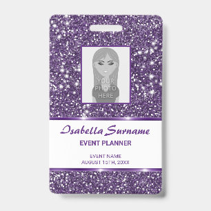 Faux Purple Glitter Texture & Custom Photo & Text ID Badge