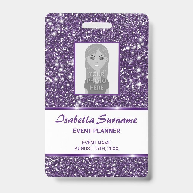 Faux Purple Glitter Texture & Custom Photo & Text ID Badge (Front)