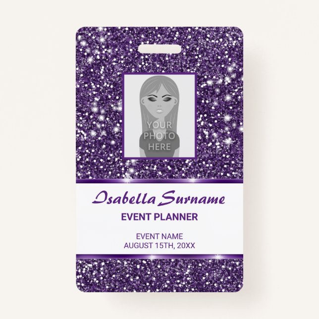 Faux Purple Glitter Texture & Custom Photo & Text ID Badge (Front)