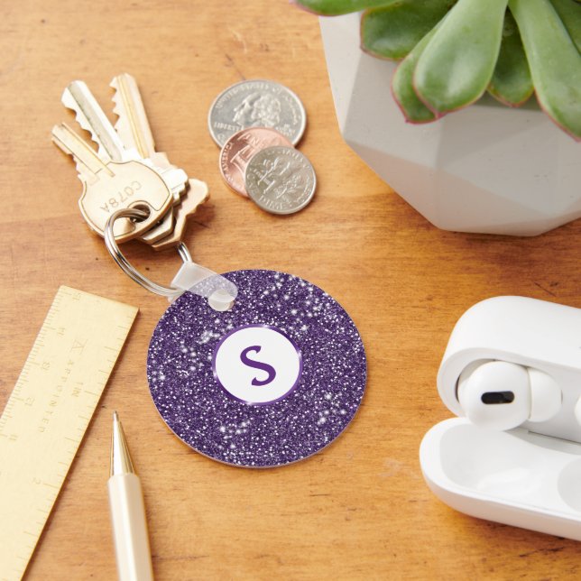 Faux Purple Glitter Texture Look & Custom Monogram Key Ring (Desk)