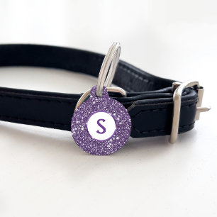 Faux Purple Glitter Texture Look & Custom Monogram Pet Tag