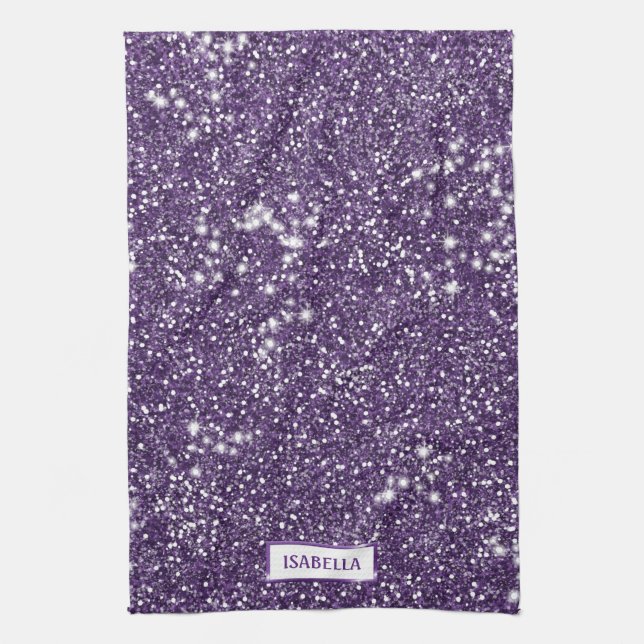 Faux Purple Glitter Texture Look With Custom Name Tea Towel (Vertical)