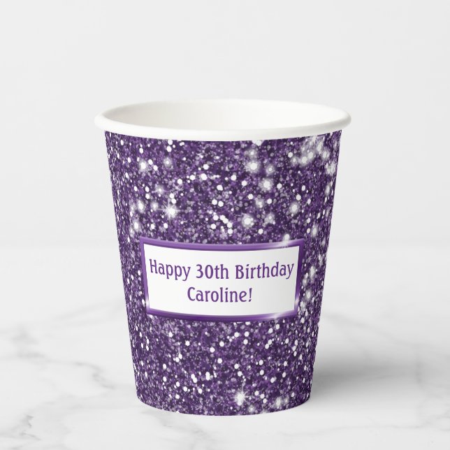 Faux Purple Glitter Texture Look With Custom Text Paper Cups (Front)