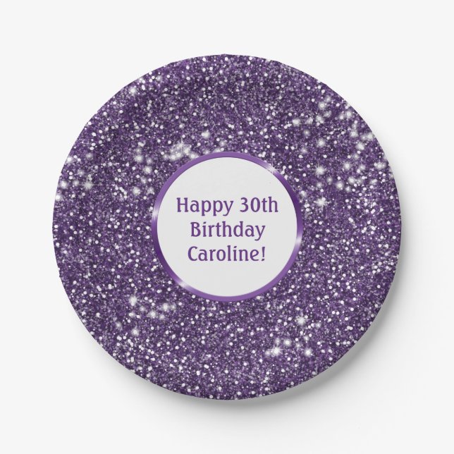 Faux Purple Glitter Texture Look With Custom Text Paper Plate (Front)