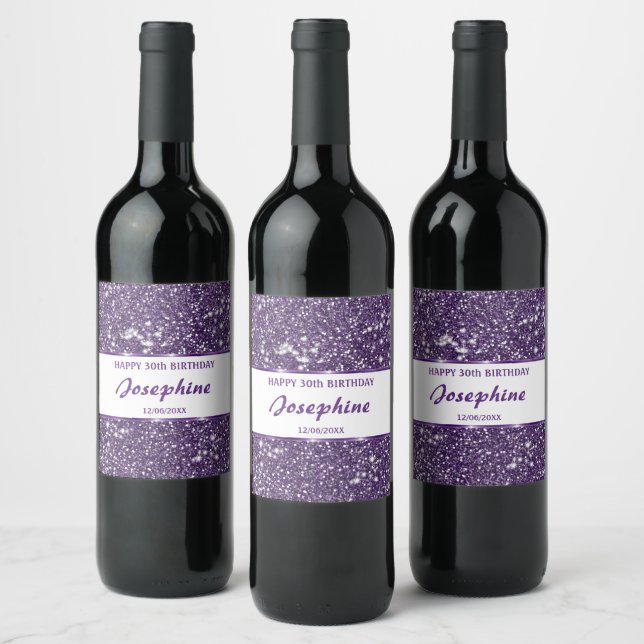 Faux Purple Glitter Texture Look With Custom Text Wine Label (Bottles)