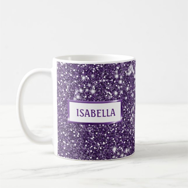 Faux Purple Glitter Texture Look With Your Name Coffee Mug (Left)