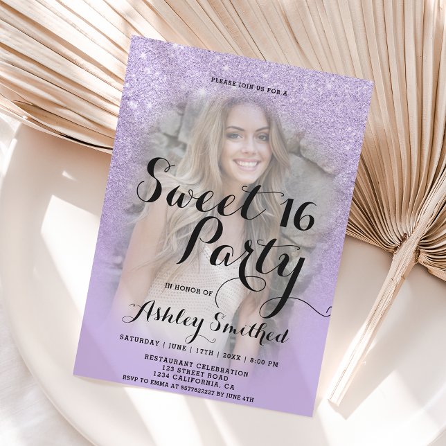 Faux purple lavender glitter ombre photo Sweet 16 Invitation (Creator Uploaded)