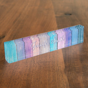 Faux Purple Pink Teal Wood Planks Nameplate