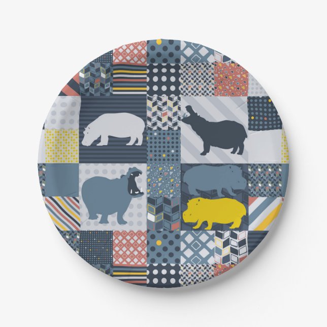 Faux-Quilted Hippo Paper Plate (Front)