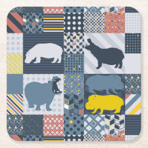 Faux-Quilted Hippos Square Paper Coaster