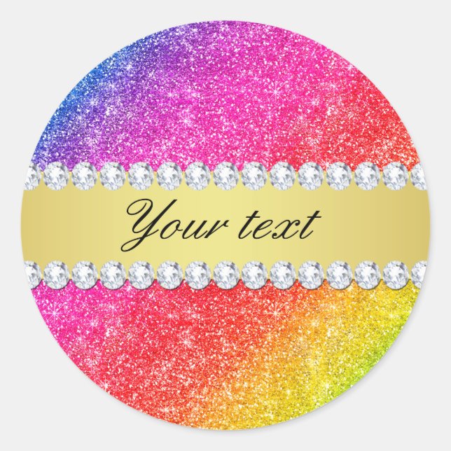 Faux Rainbow Glitter Diamonds Personalised Classic Round Sticker (Front)
