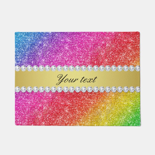 Faux Rainbow Glitter Diamonds Personalised Doormat (Front)
