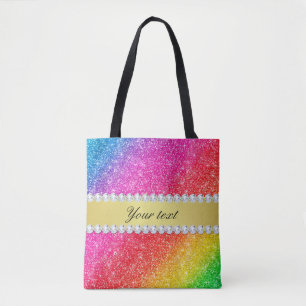 Faux Rainbow Glitter Diamonds Personalised Tote Bag