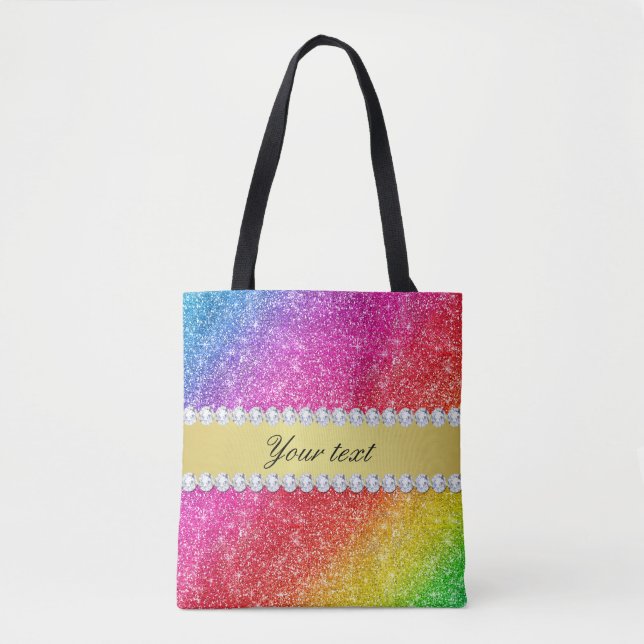 Faux Rainbow Glitter Diamonds Personalised Tote Bag (Front)