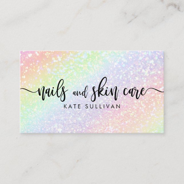 FAUX rainbow glitter nails and skincare script Business Card (Front)