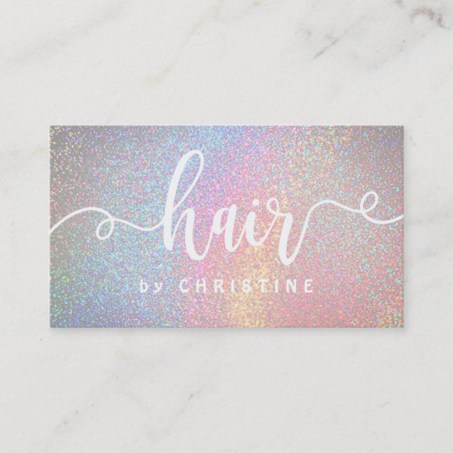 faux rainbow glitter white script hair appointment card (Front)