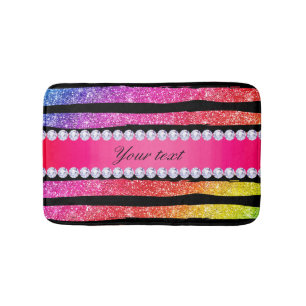 Faux Rainbow Neon Glitter Stripes Diamonds Black Bath Mat