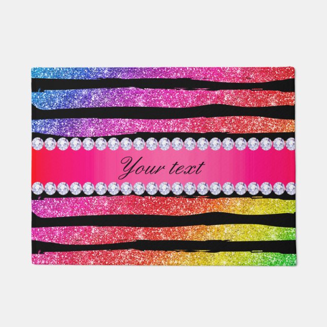 Faux Rainbow Neon Glitter Stripes Diamonds Black Doormat (Front)
