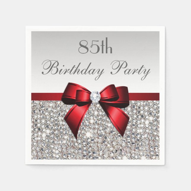 Faux Red Bow Sequins Diamond Any Age Birthday Napkin (Front)