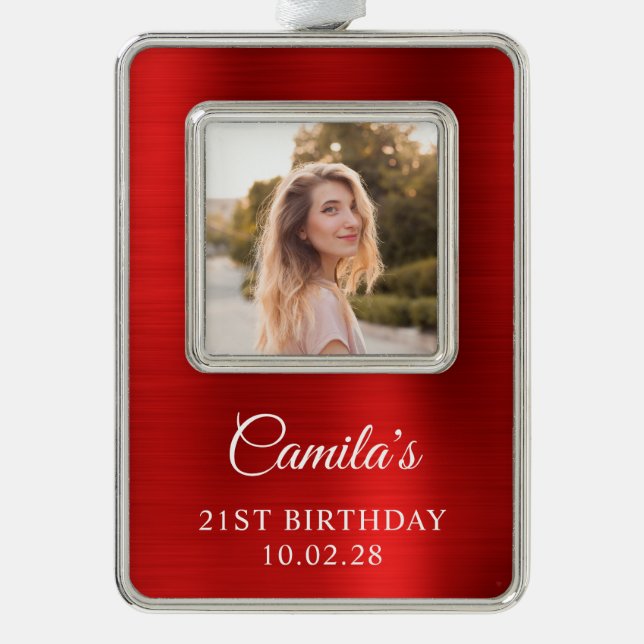 Faux Red Foil 21st Birthday Photo Silver Plated Framed Ornament (Front)
