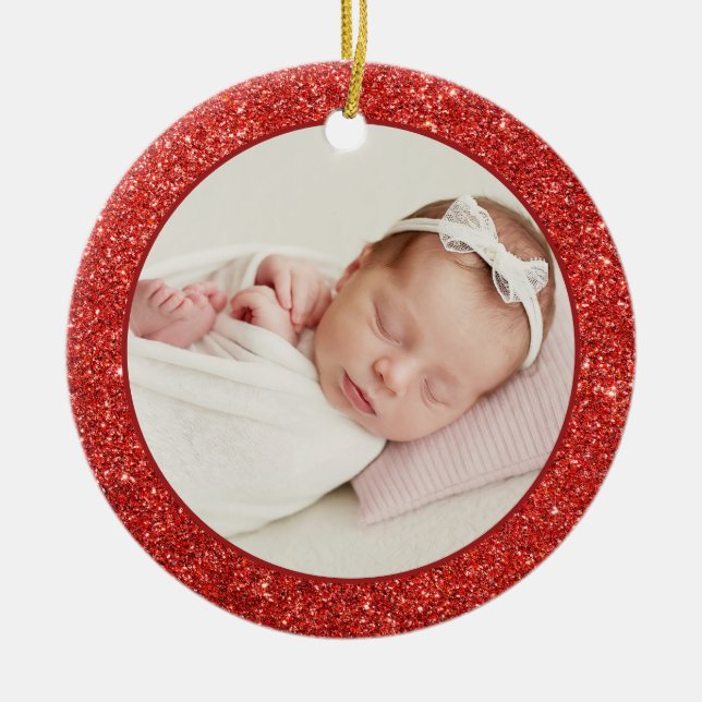 Faux Red Glitter Baby First Christmas Photo Ceramic Tree Decoration (Front)