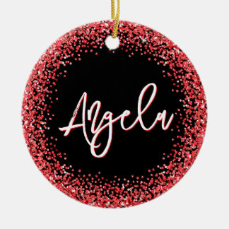 Faux Red Glitter Black Photo Ceramic Tree Decoration