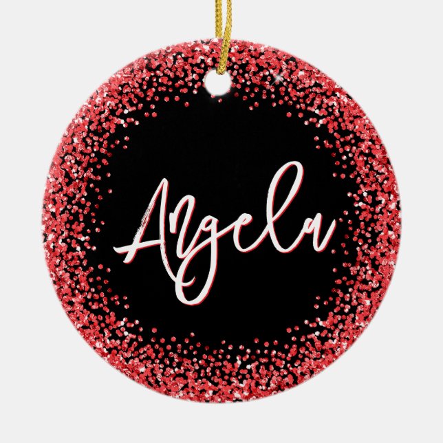 Faux Red Glitter Black Photo Ceramic Tree Decoration (Front)