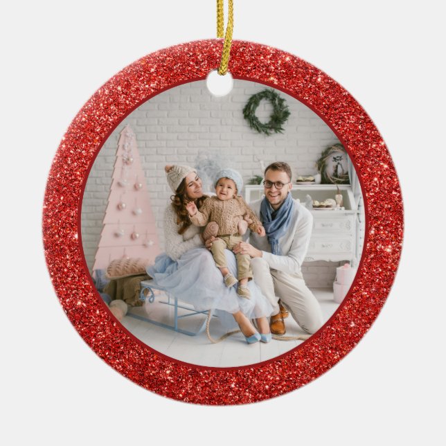 Faux Red Glitter Family Photo Christmas Ceramic Tree Decoration (Front)
