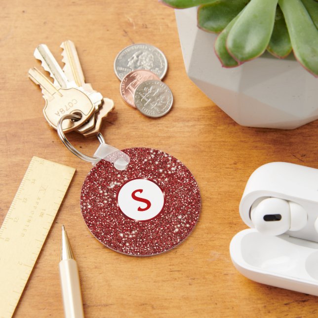 Faux Red Glitter Texture And Custom Monogram Key Ring (Desk)