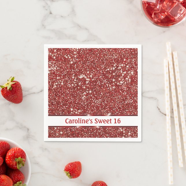 Faux Red Glitter Texture Look Sweet Sixteen Napkin (Insitu)