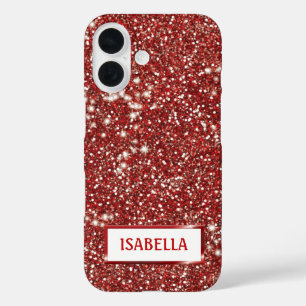 Faux Red Glitter Texture Look With Custom Name iPhone 16 Case