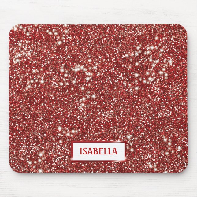 Faux Red Glitter Texture Look With Custom Name Mouse Mat (Front)