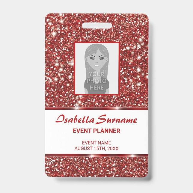 Faux Red Glitter Texture Look With Custom Text ID Badge (Front)